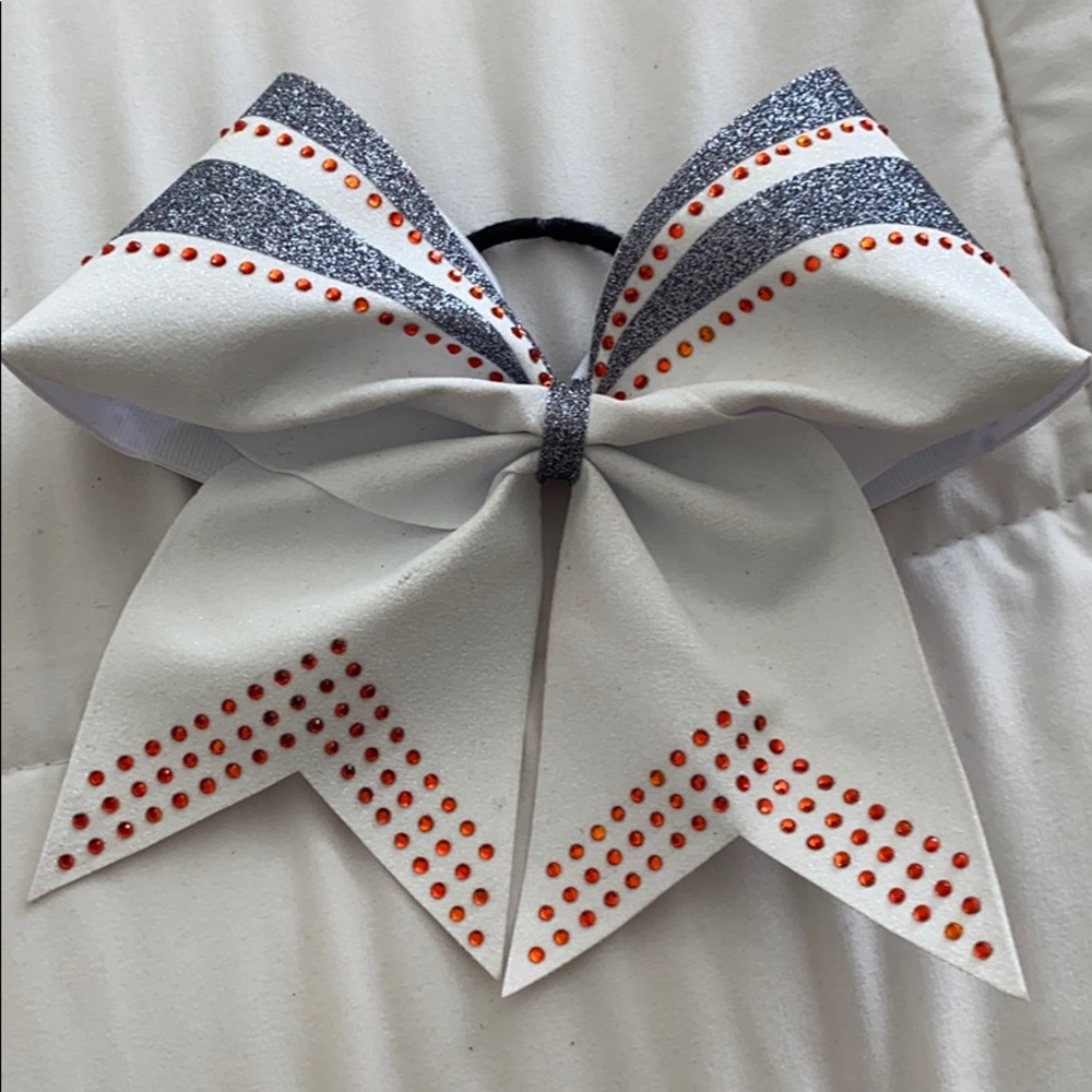 White, Orange, and Silver Cheer Bow